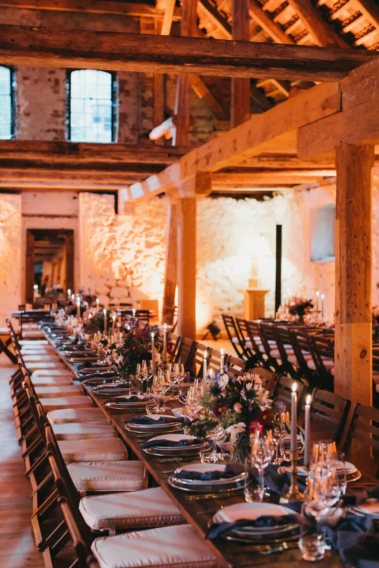 Long table in a rustic barn