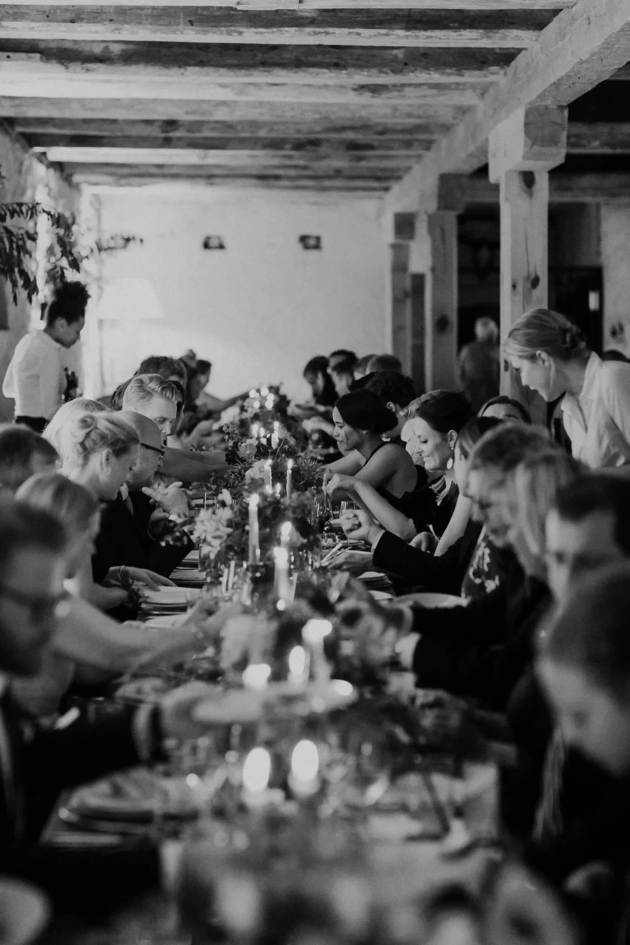 Black-and-white photograph of a wedding table