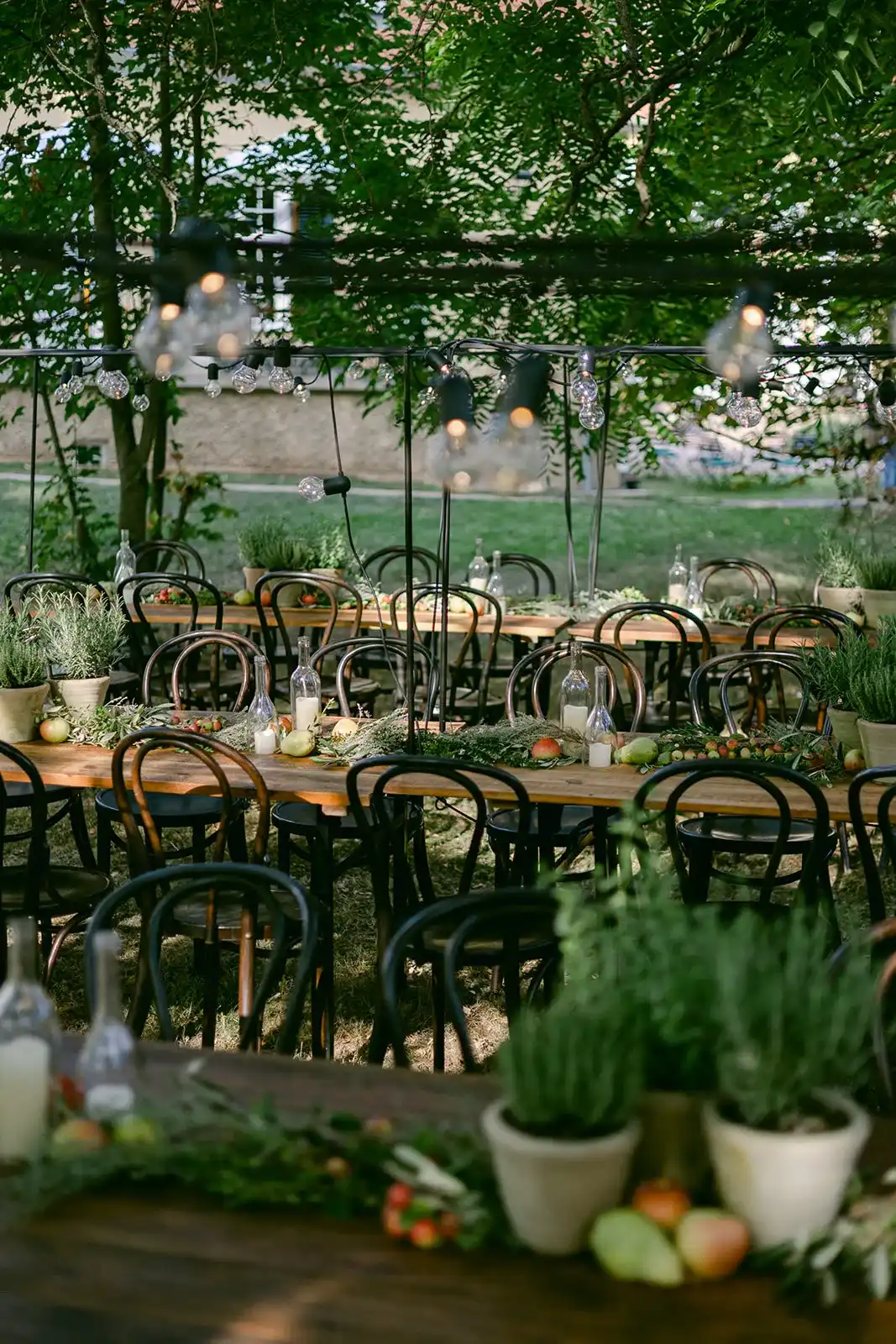 Wedding table in a garden beneath trees with lush green floral arrangements
