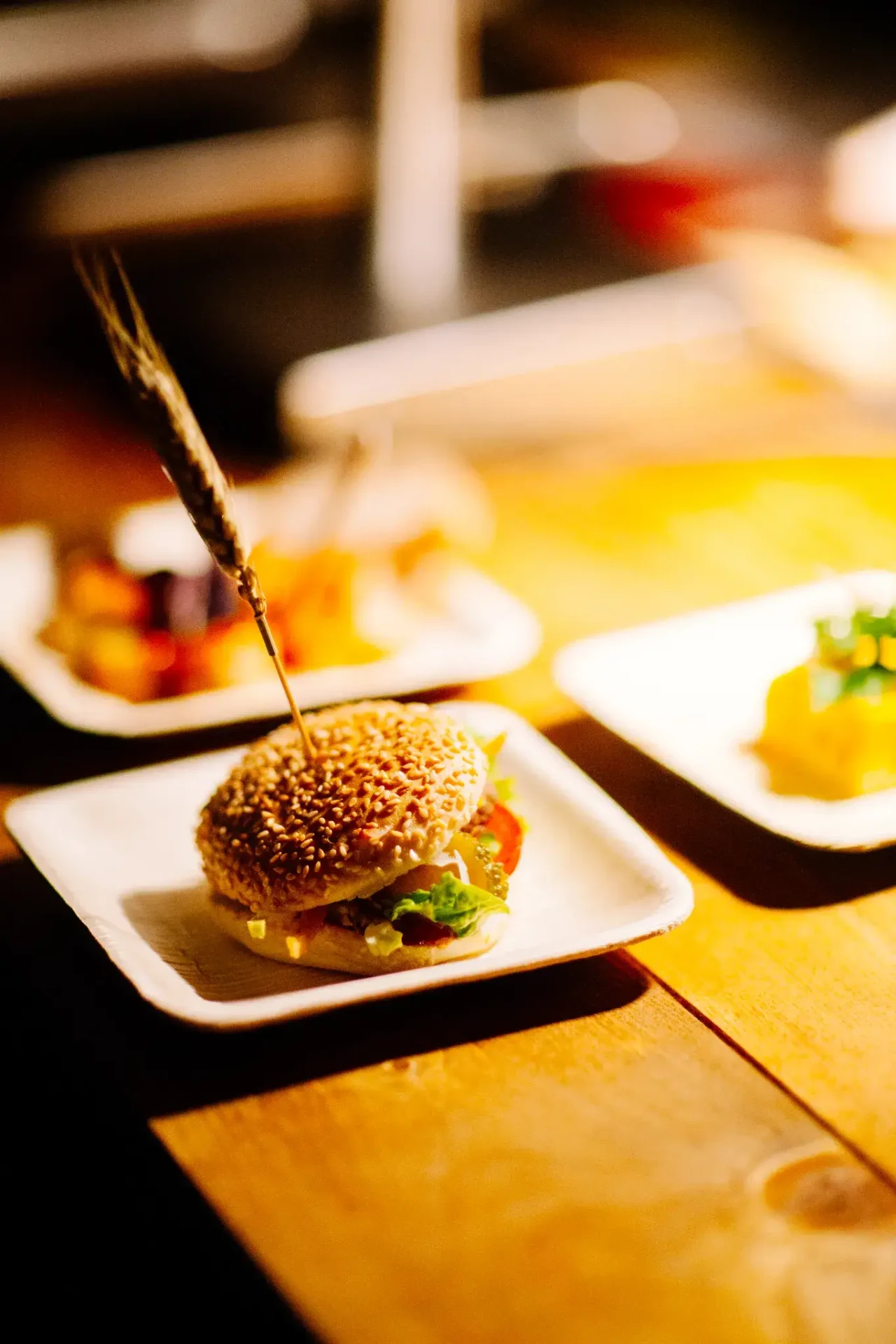 Multi-course dinner served on white plates