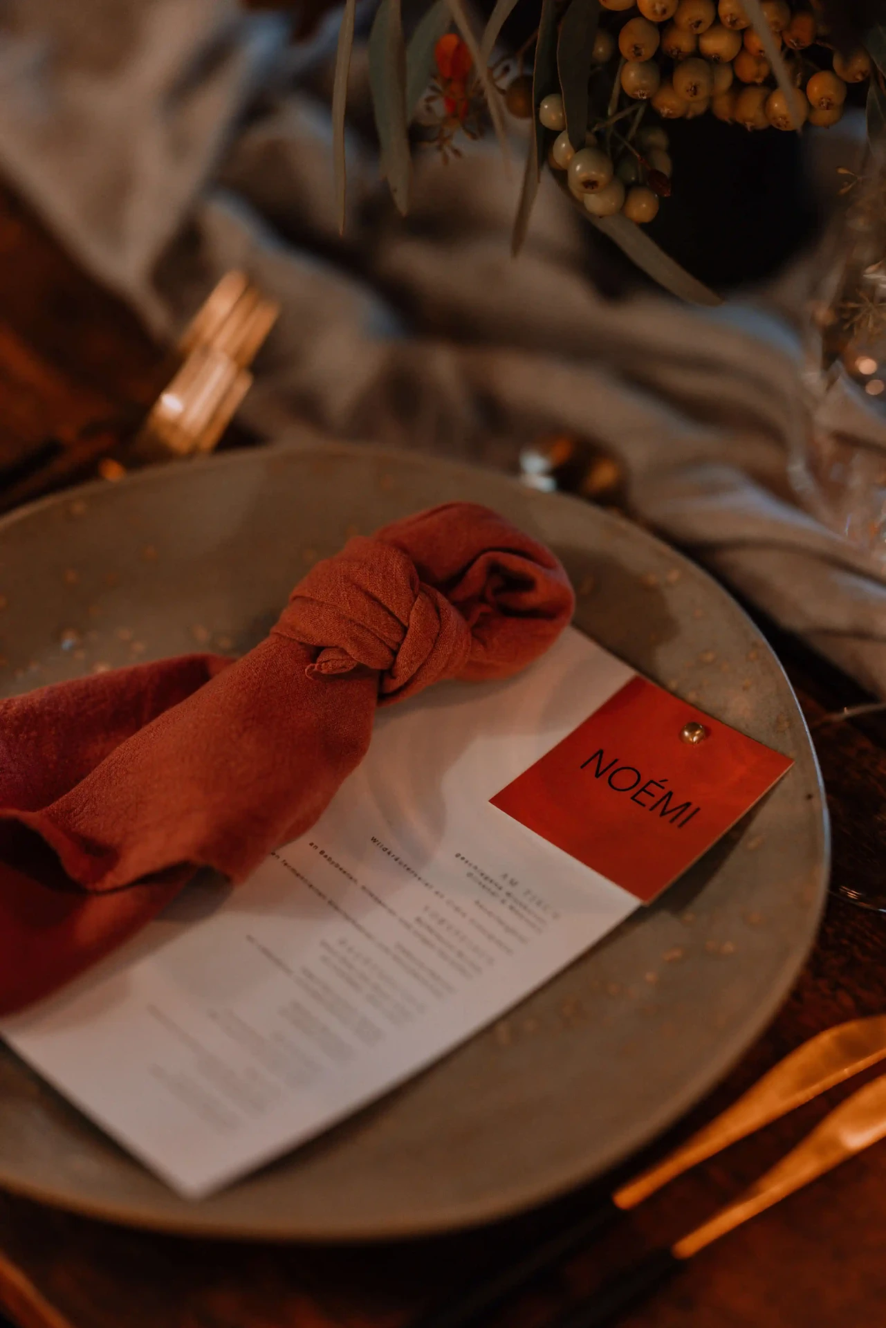 Wedding menu or place card on a set table