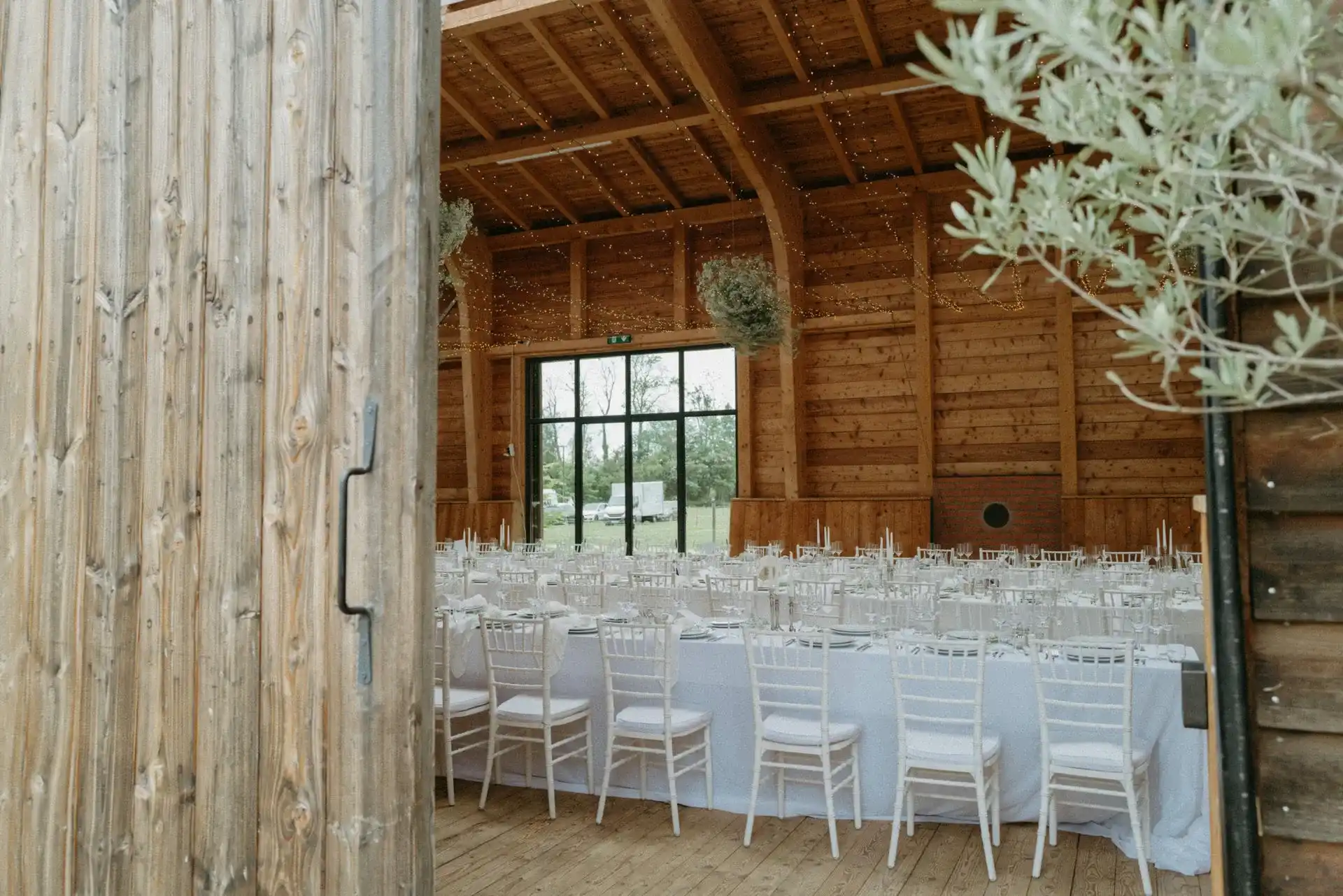 Wooden building with large windows and simple decoration