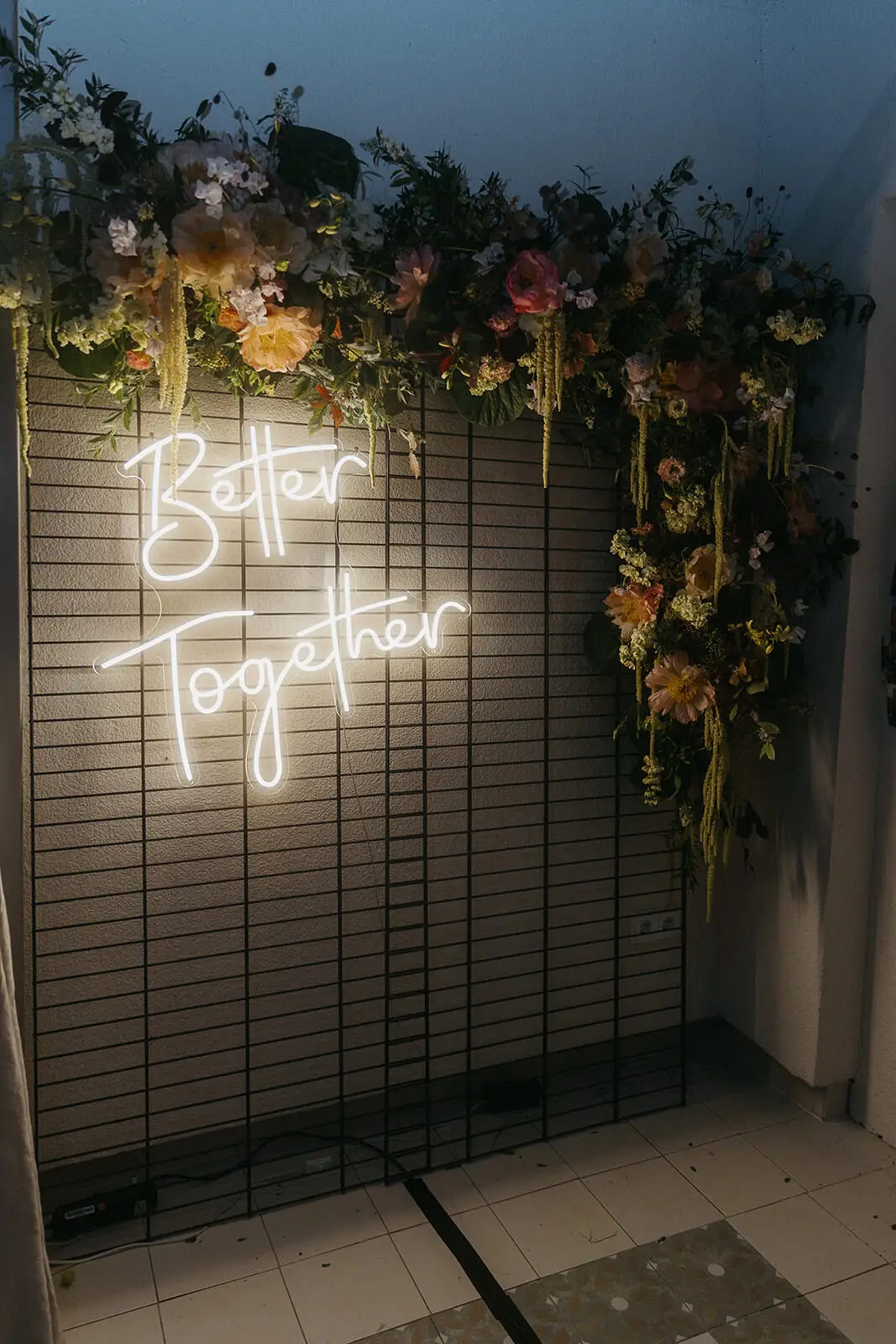 Illuminated wedding decoration outdoors at dusk