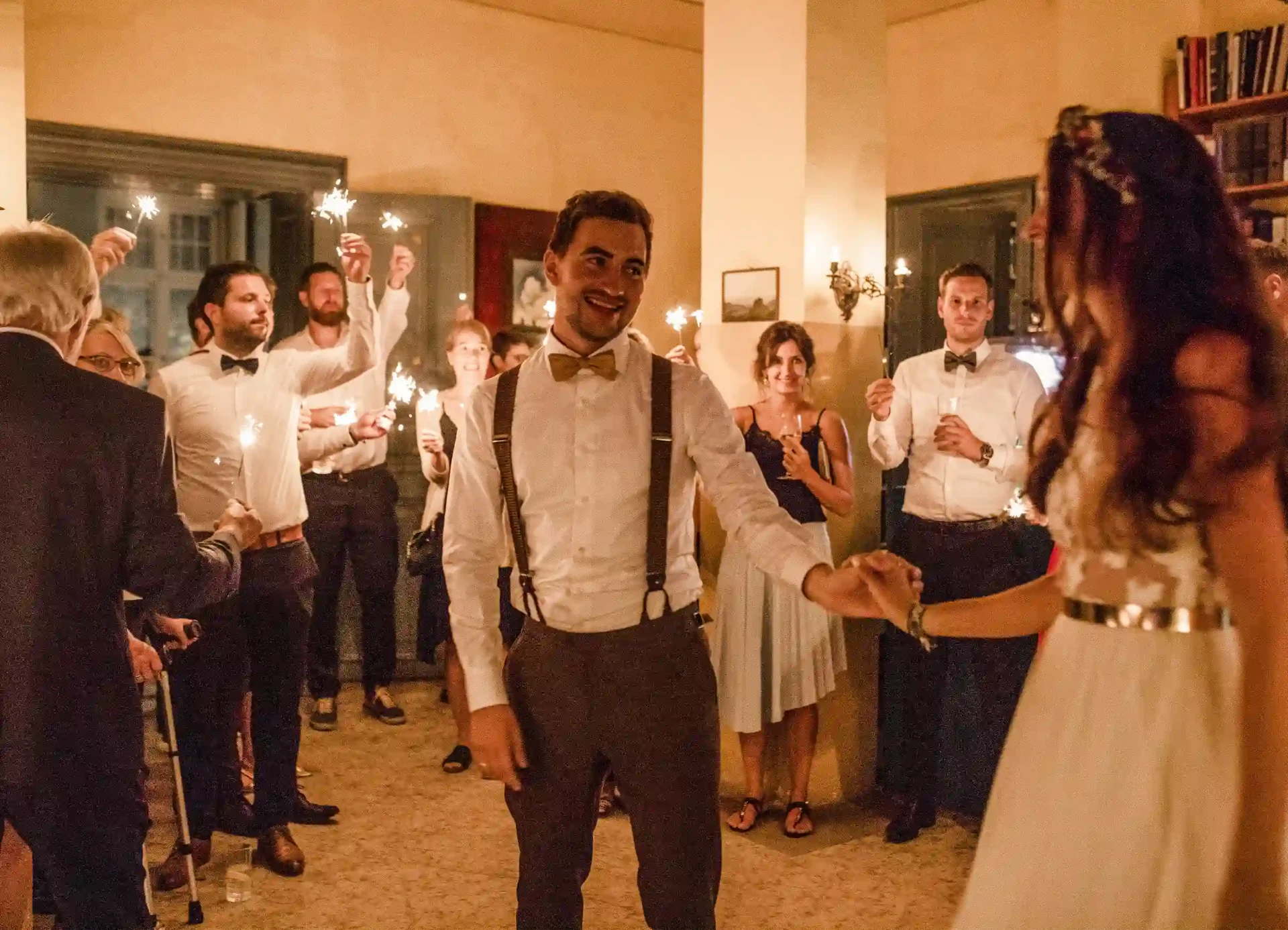 Bride and groom dancing at the wedding party, black-and-white photograph