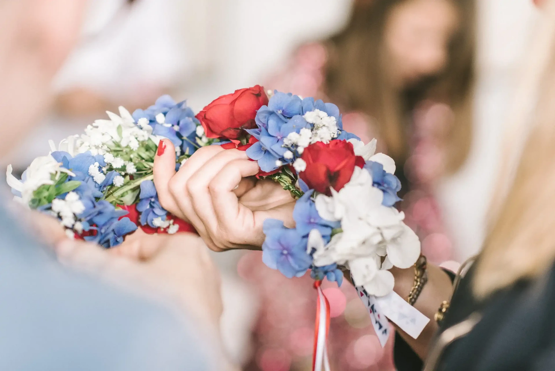 Close-up of a bridal bouquet with colourful flowers