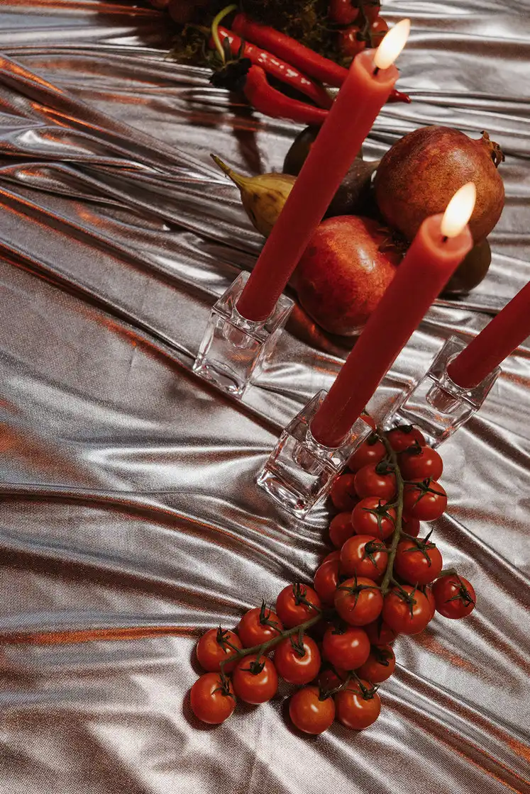 Red berries on decorative branches against a light background