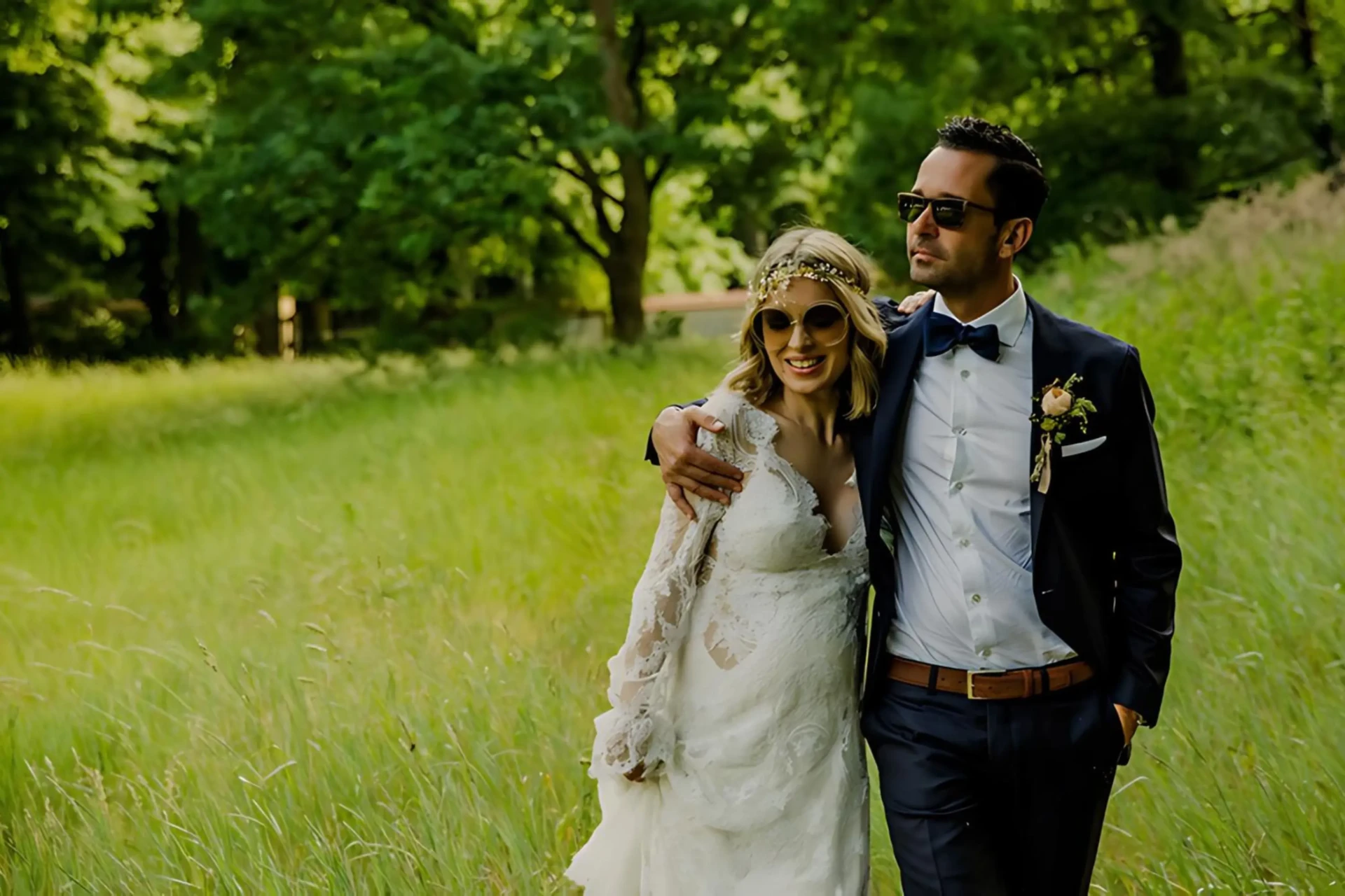 Bride and groom in modern boho wedding attire in a meadow