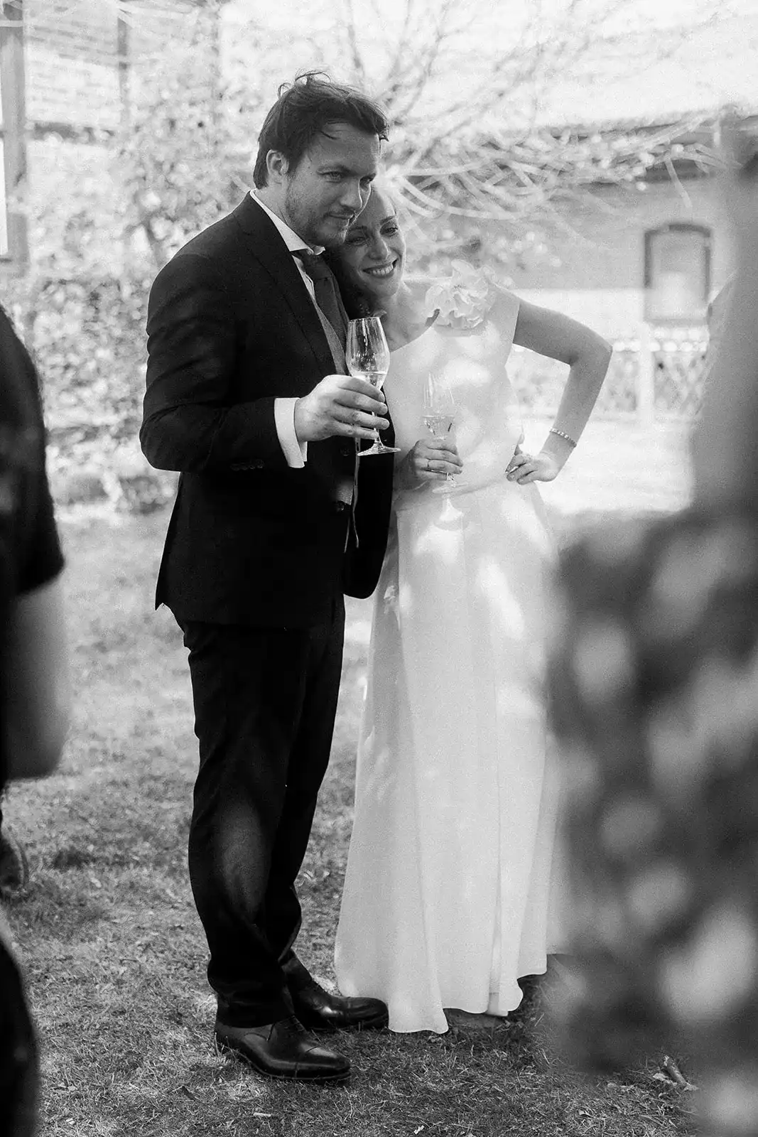 Black-and-white portrait of the wedding couple