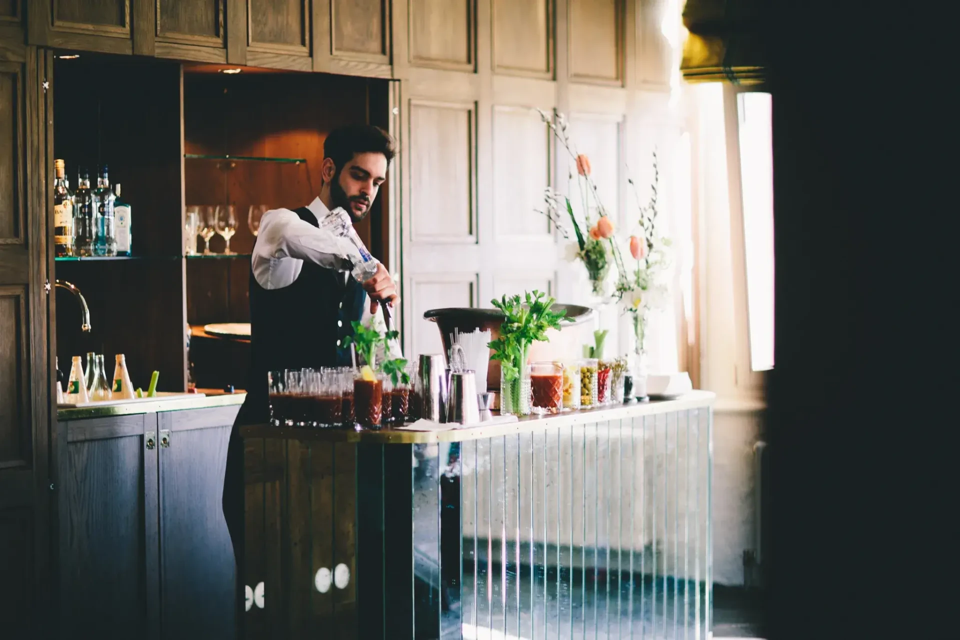 Drinks station with glasses and bottles