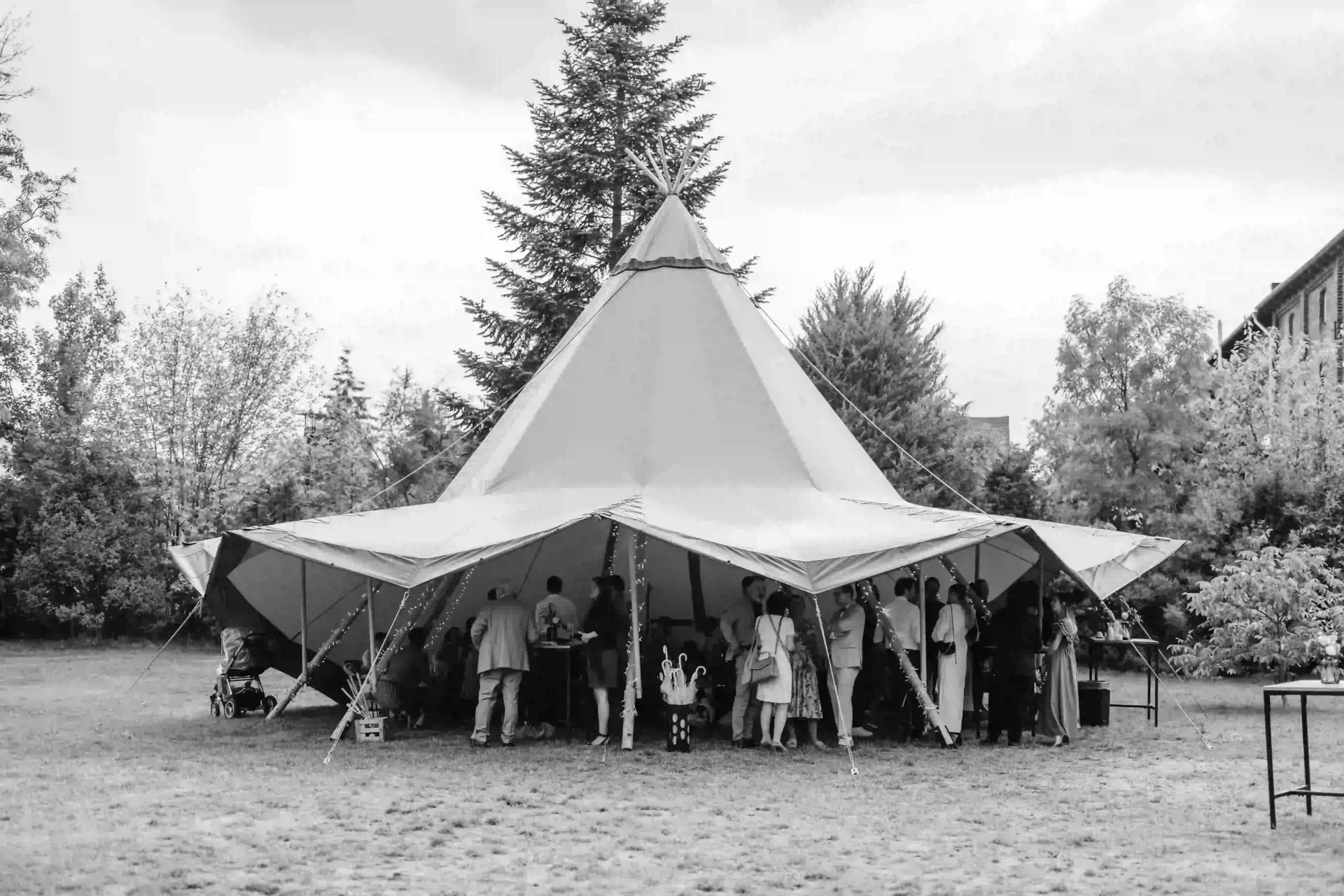 Wedding tent in a garden, in black and white