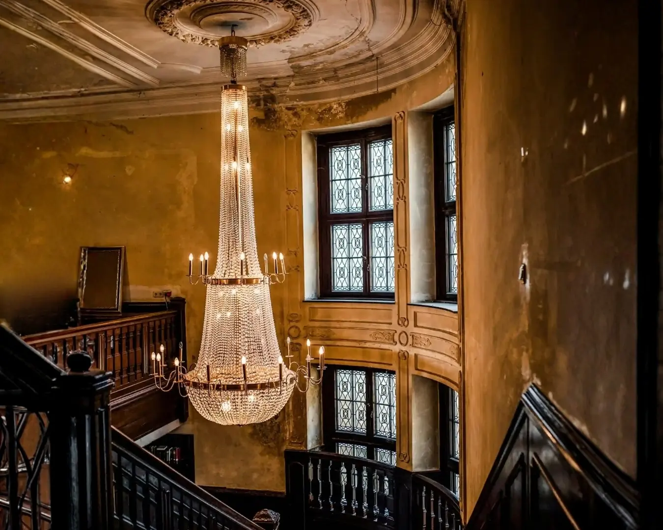 Historic interior with a large chandelier and sweeping staircase