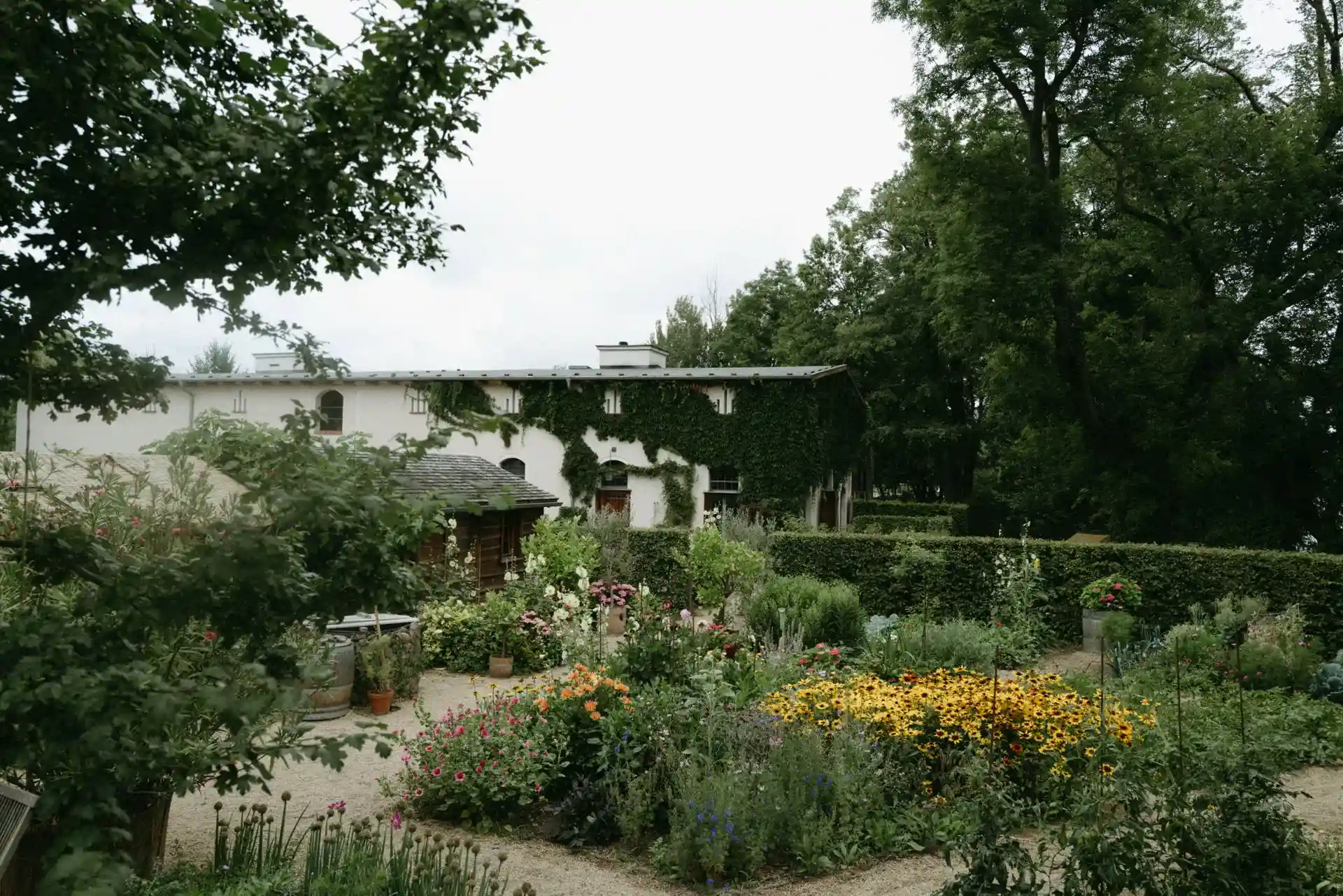 Garden with flower beds and a seating area beside the water