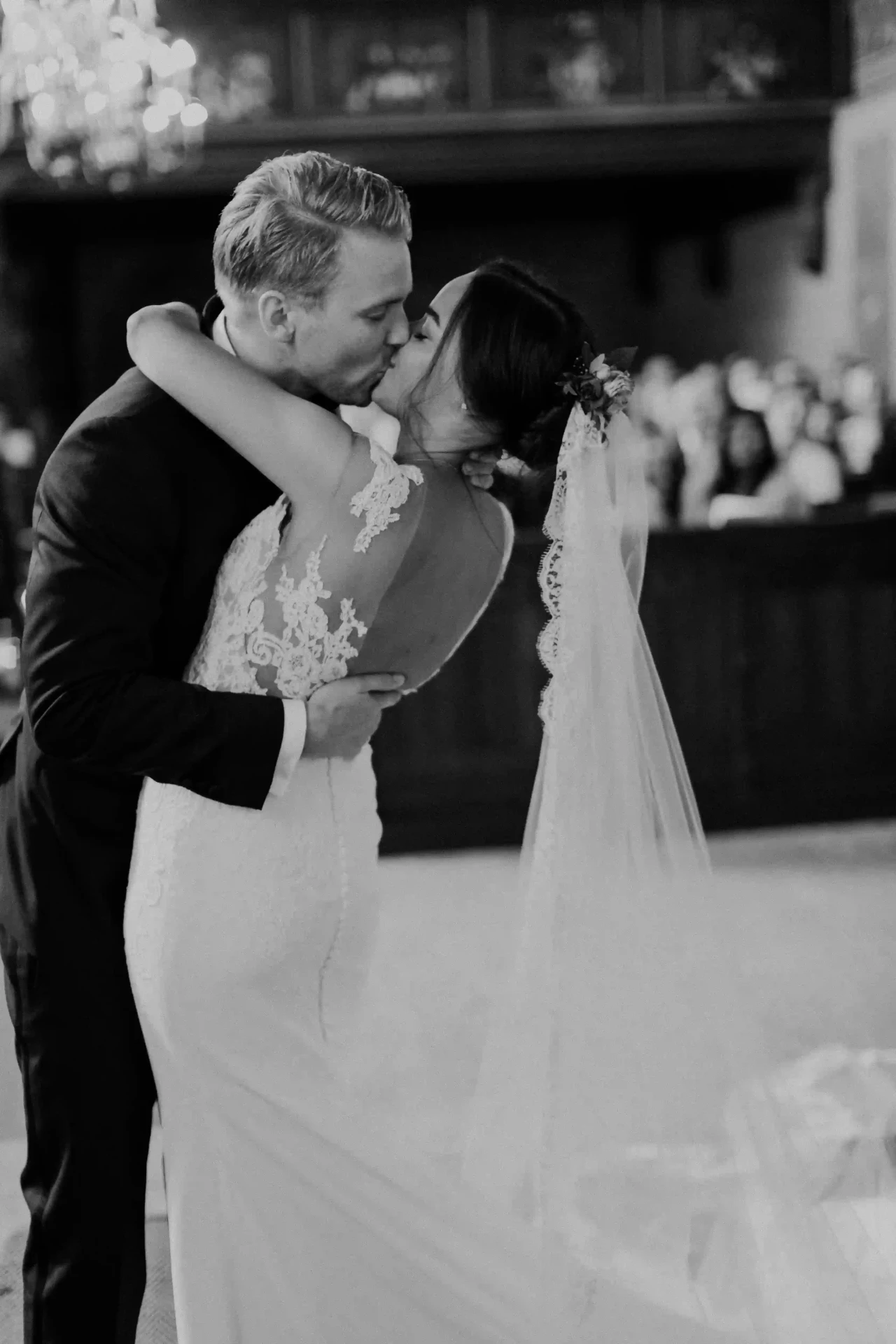 Black-and-white portrait of the bride and groom after the ceremony